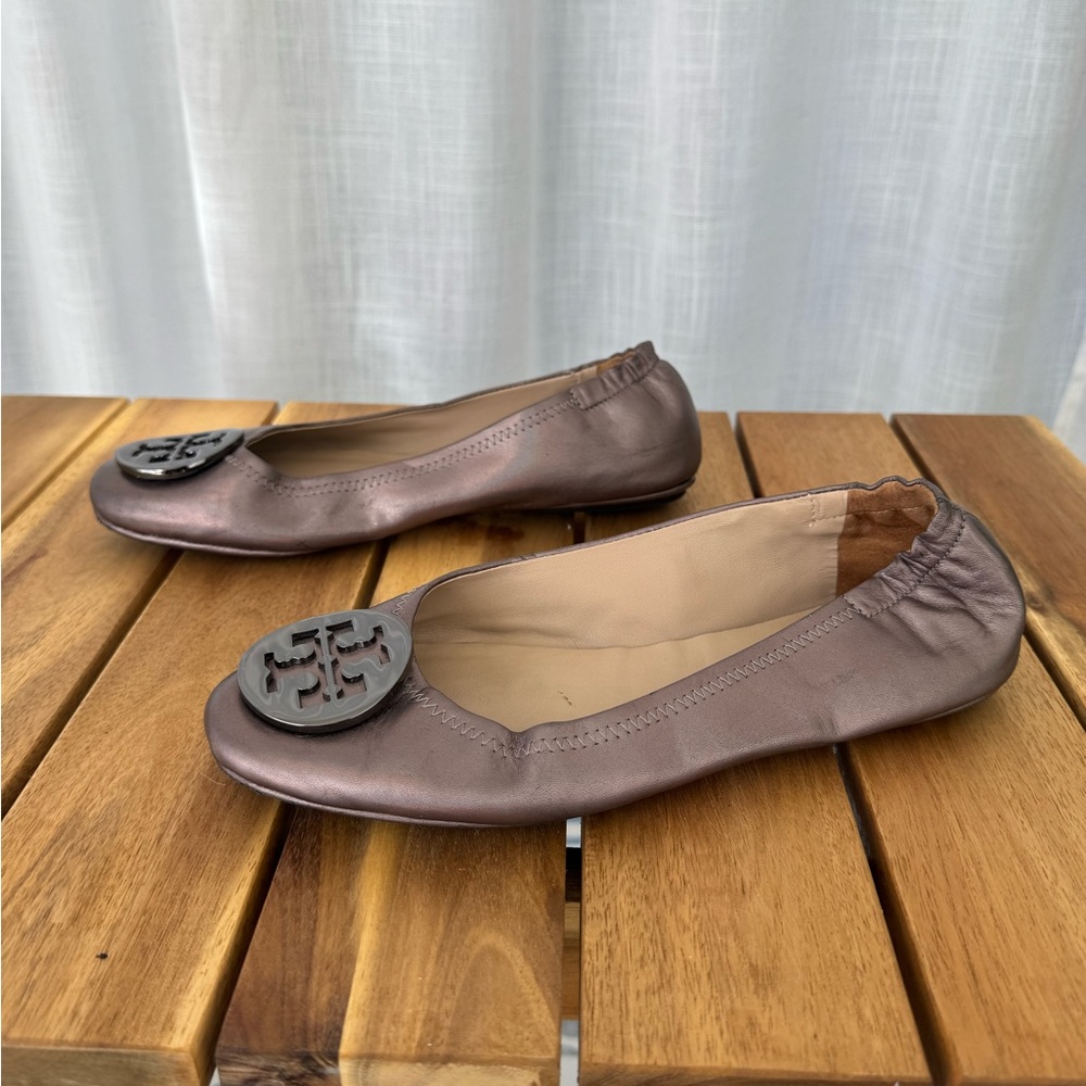 Tory Burch Minnie Travel Ballet Flats Gunmetal Gray Metallic Leather 7.5 - Picture 6 of 10
